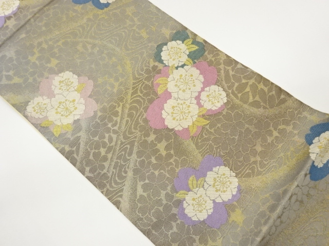 八重桜に流水・曲線模様織出し袋帯